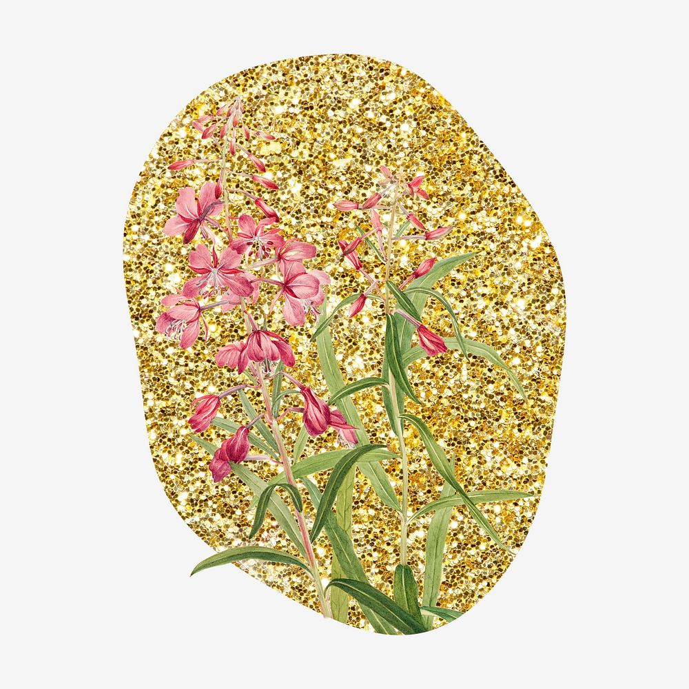 Fireweed flower, gold glitter blob shape badge