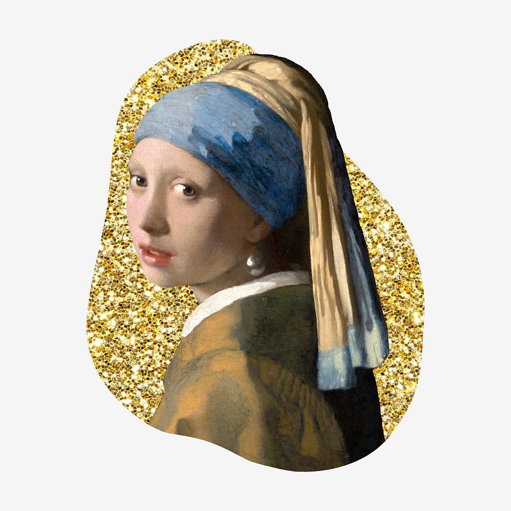 Girl with a Pearl Earring, Johannes Vermeer's famous artwork, gold glitter blob shape badge remixed by rawpixel