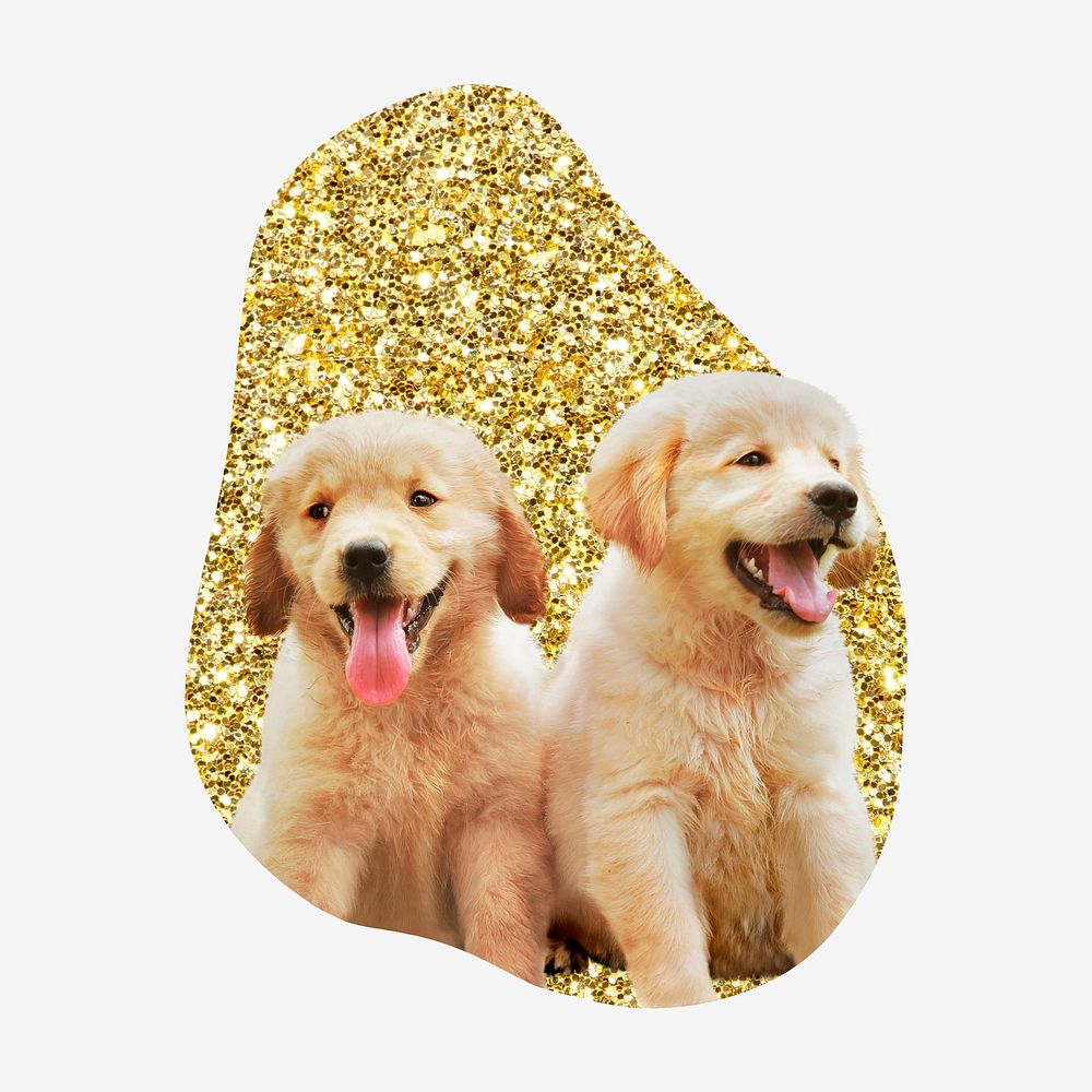 Golden retriever puppies, gold glitter blob shape badge