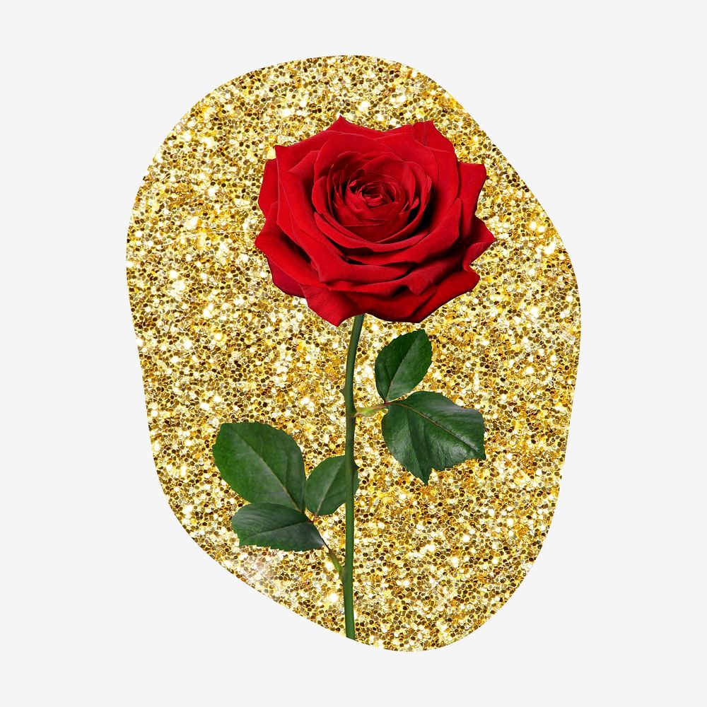 Red rose, gold glitter blob shape badge