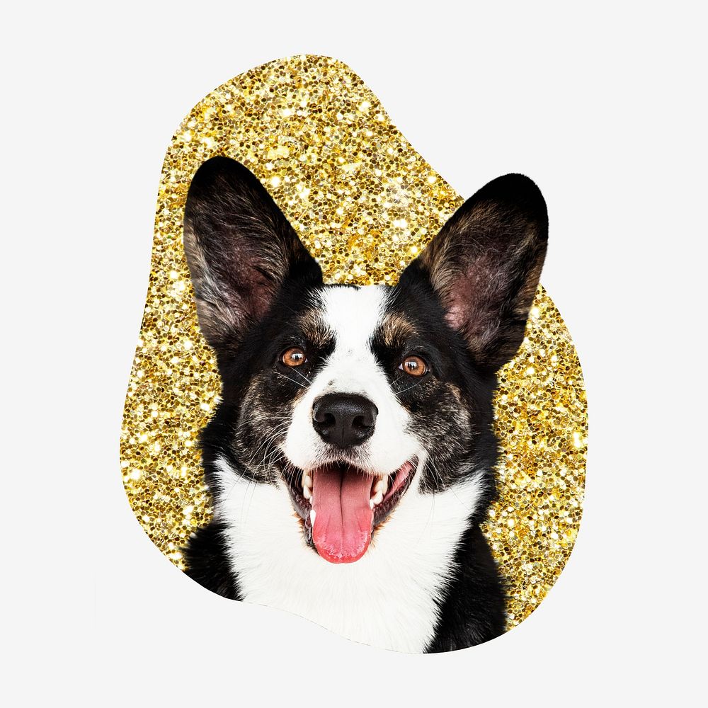 Welsh Corgi dog, gold glitter blob shape badge
