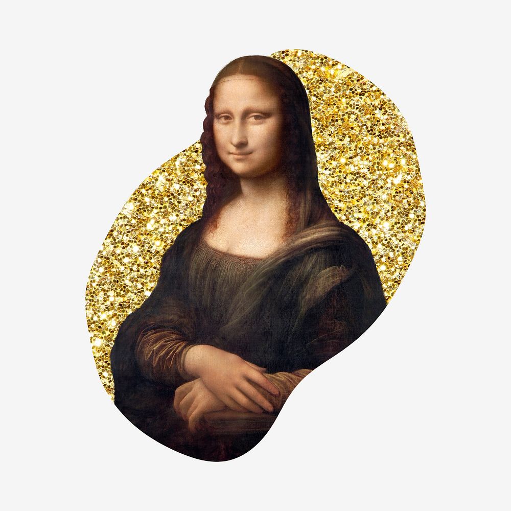 Mona Lisa, Vinci's famous painting, gold glitter blob shape badge remixed by rawpixel