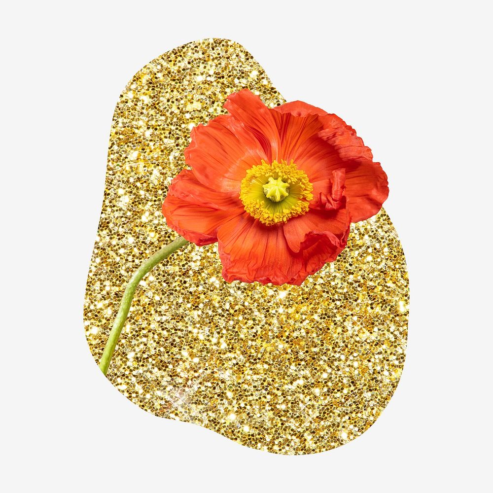 Poppy flower, gold glitter blob shape badge