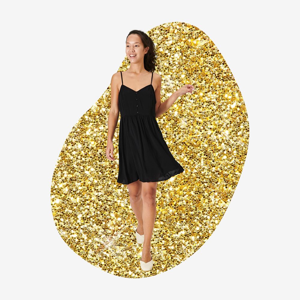 Asian woman in black dress, gold glitter blob shape badge