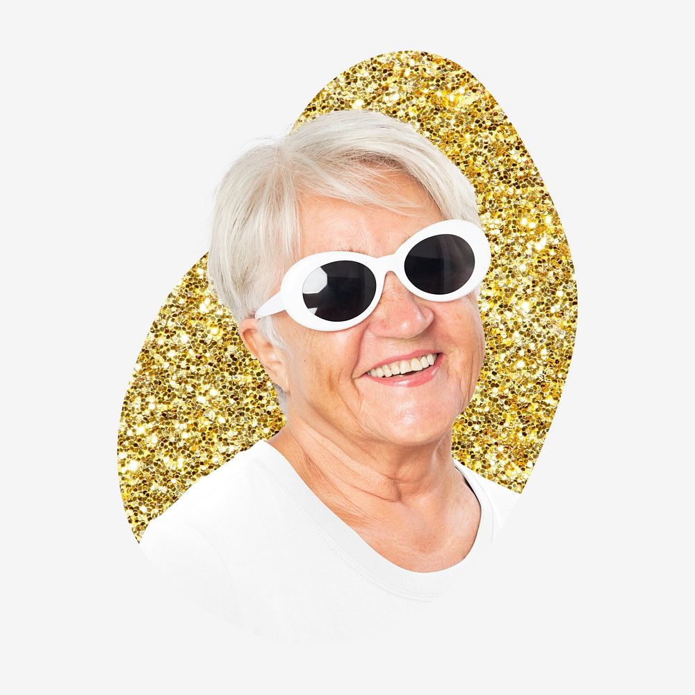 Senior woman with sunglasses, gold glitter blob shape badge