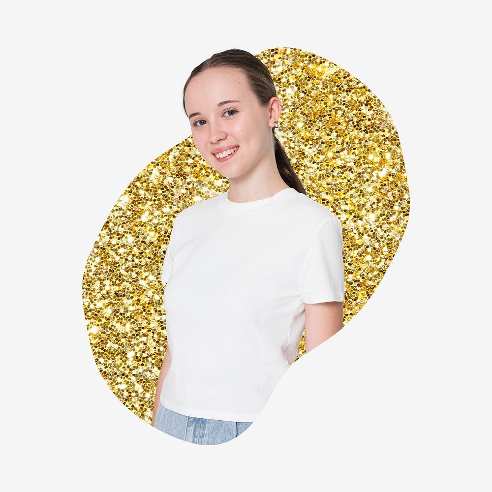 Teenage woman, gold glitter blob shape badge