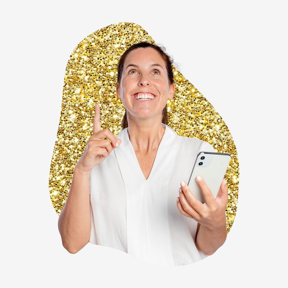 Woman holding phone, gold glitter blob shape badge