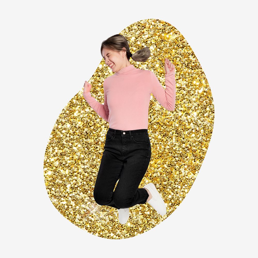 Jumping girl, gold glitter blob shape badge