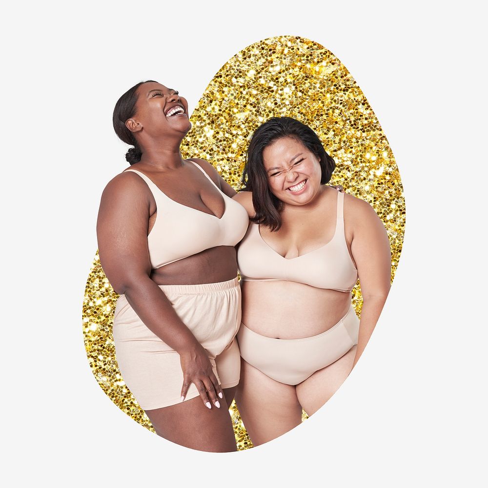 Plus size models in lingerie apparel, gold glitter blob shape badge