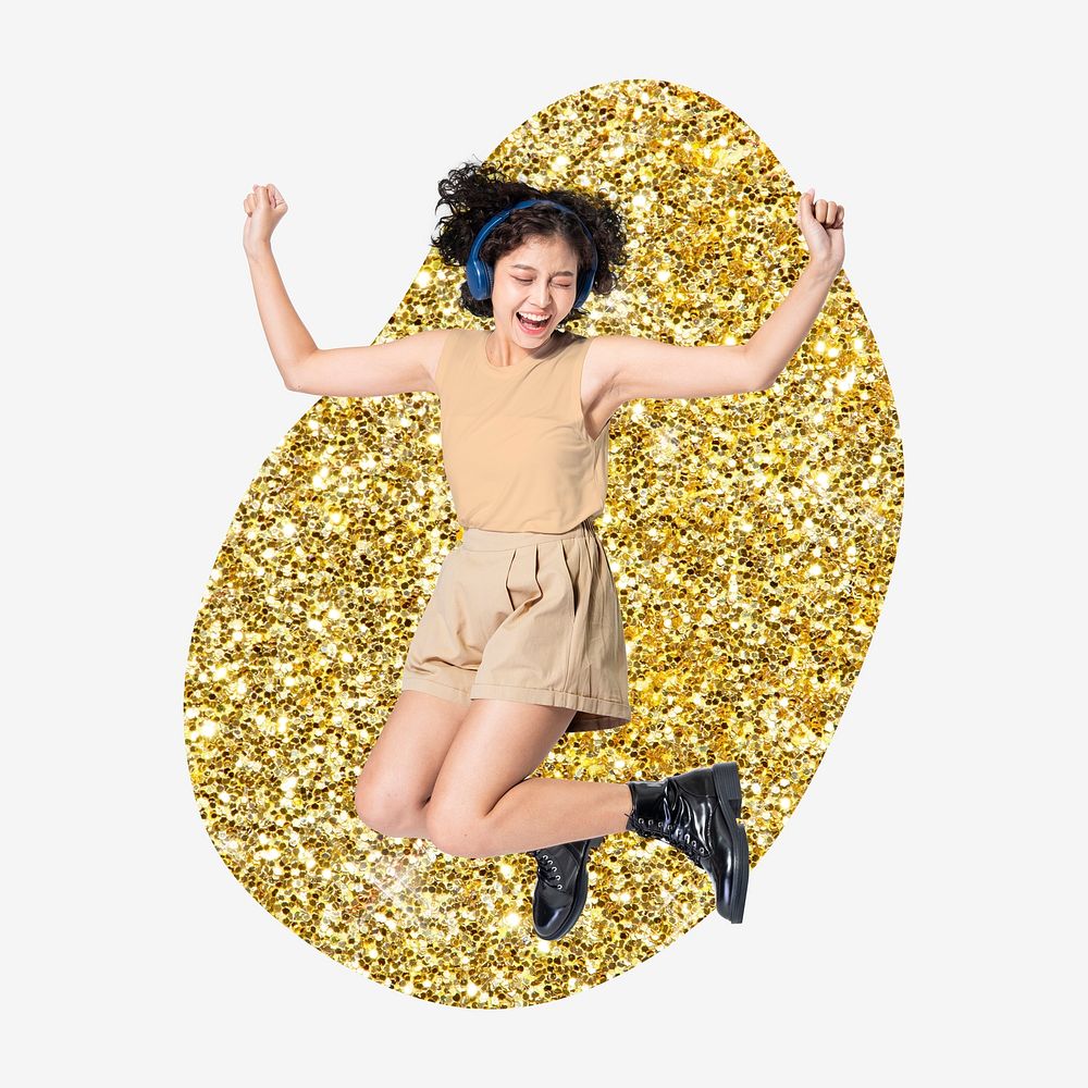 Happy woman, gold glitter blob shape badge