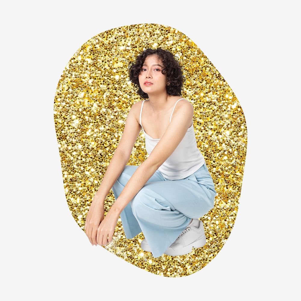 Woman sitting, gold glitter blob shape badge