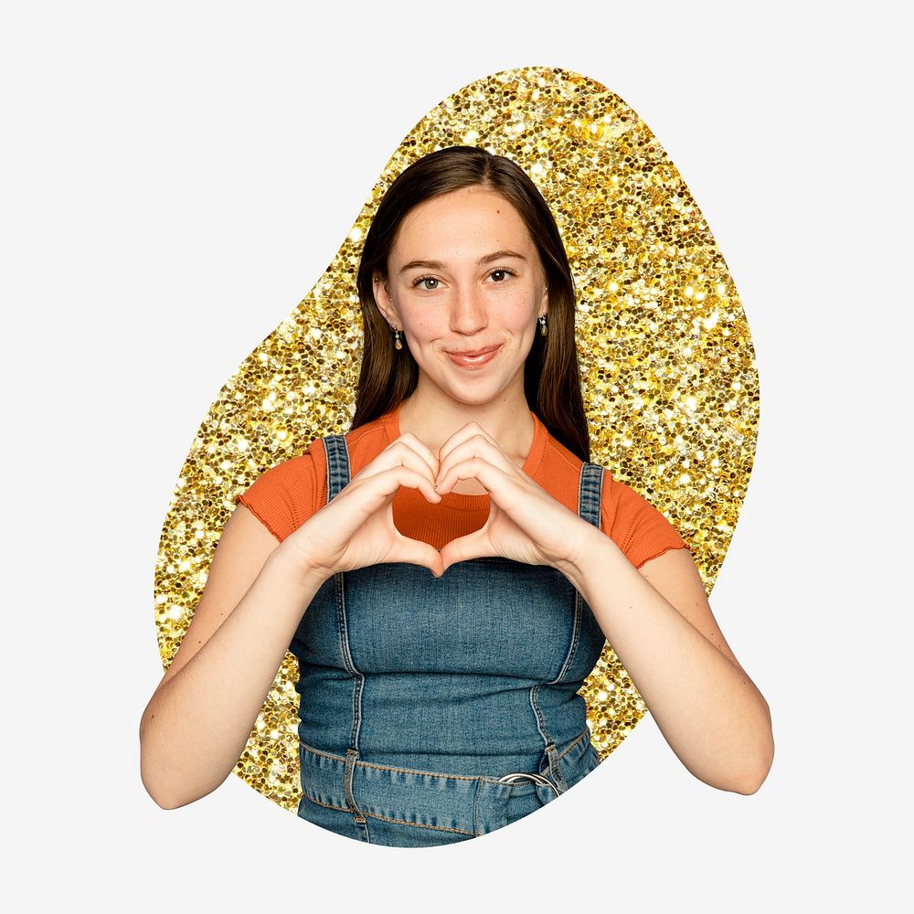 Woman making heart hands, gold glitter blob shape badge