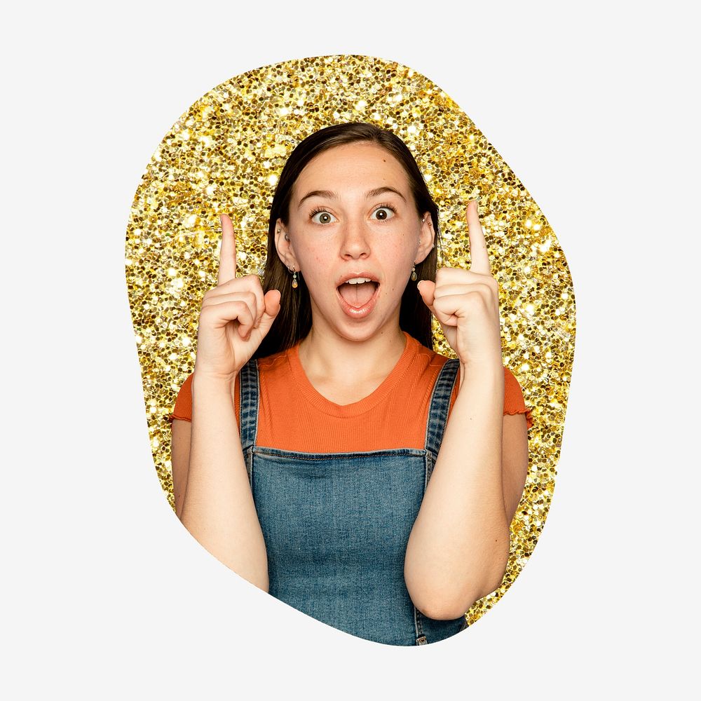 Young woman pointing up, gold glitter blob shape badge