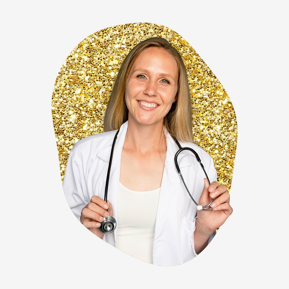 Female doctor, gold glitter blob shape badge