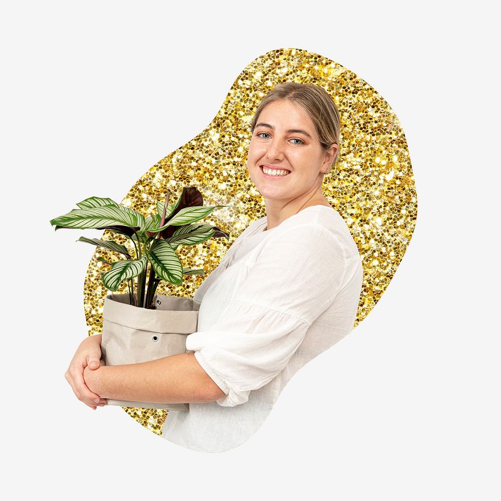 Woman holding plant, gold glitter blob shape badge