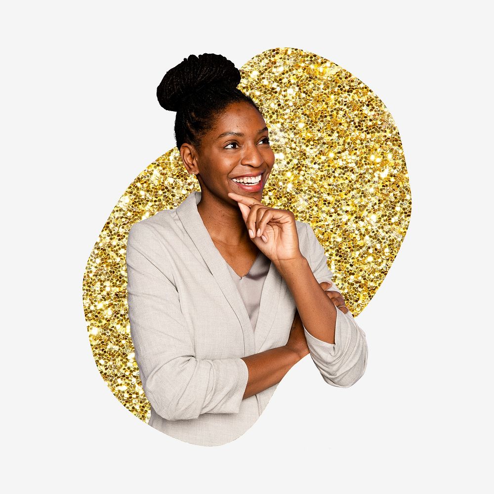 African businesswoman, gold glitter blob shape badge