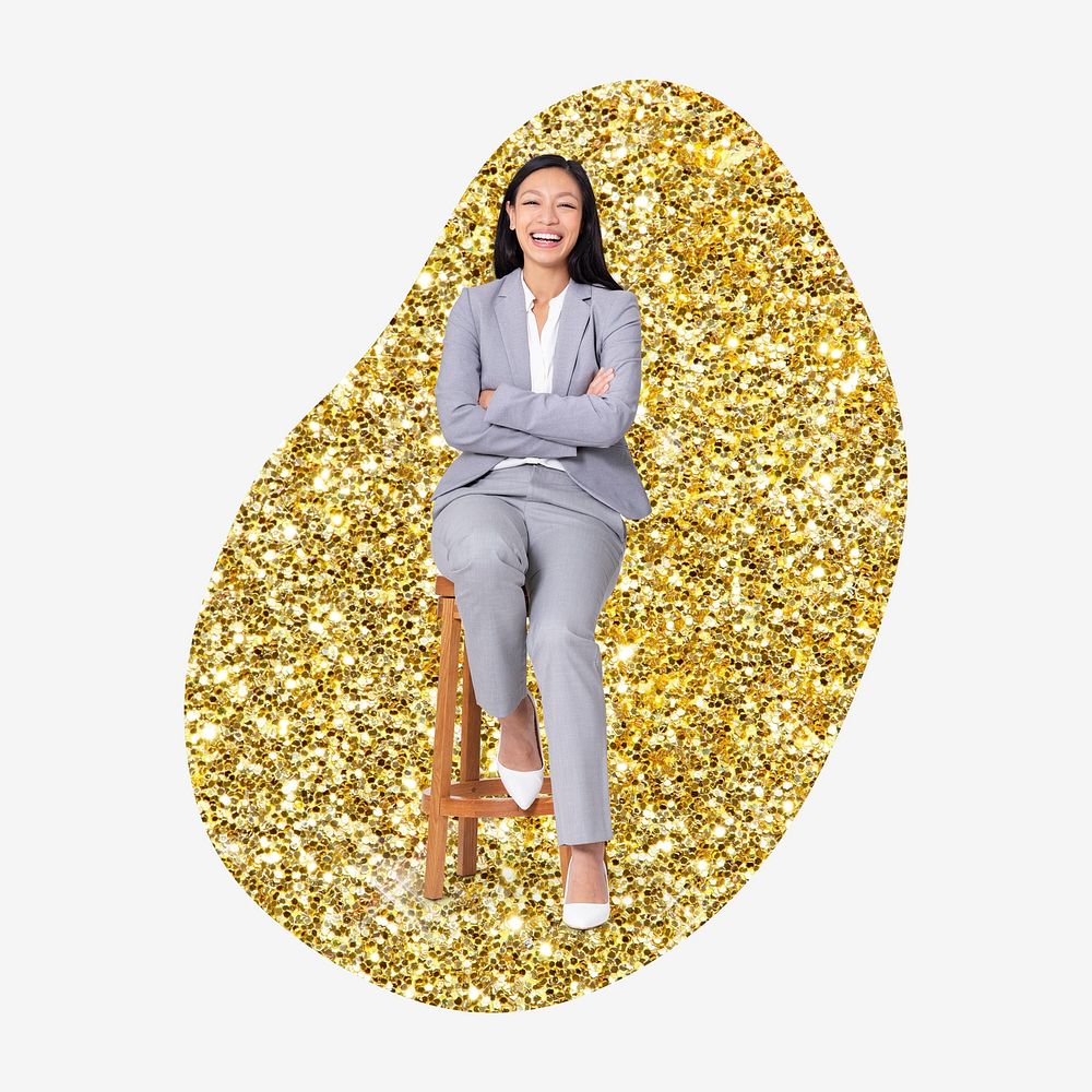 Businesswoman sitting, gold glitter blob shape badge