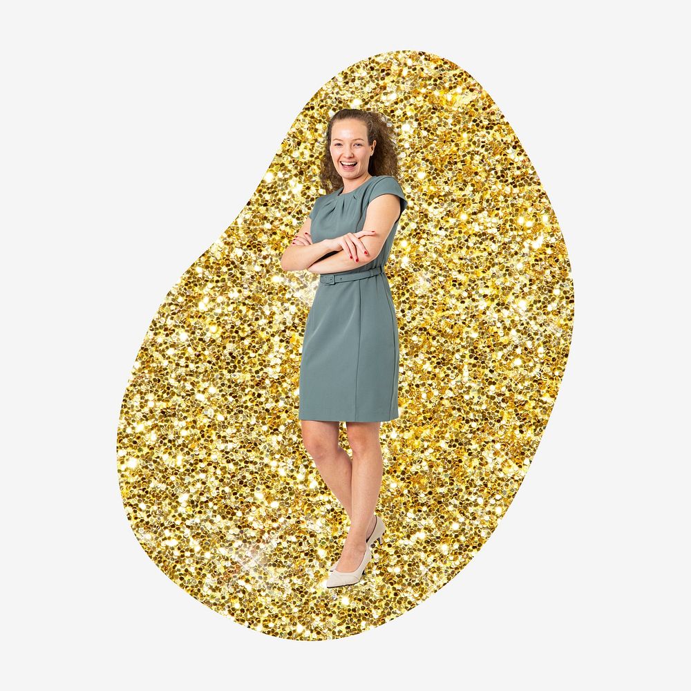 Businesswoman standing, gold glitter blob shape badge