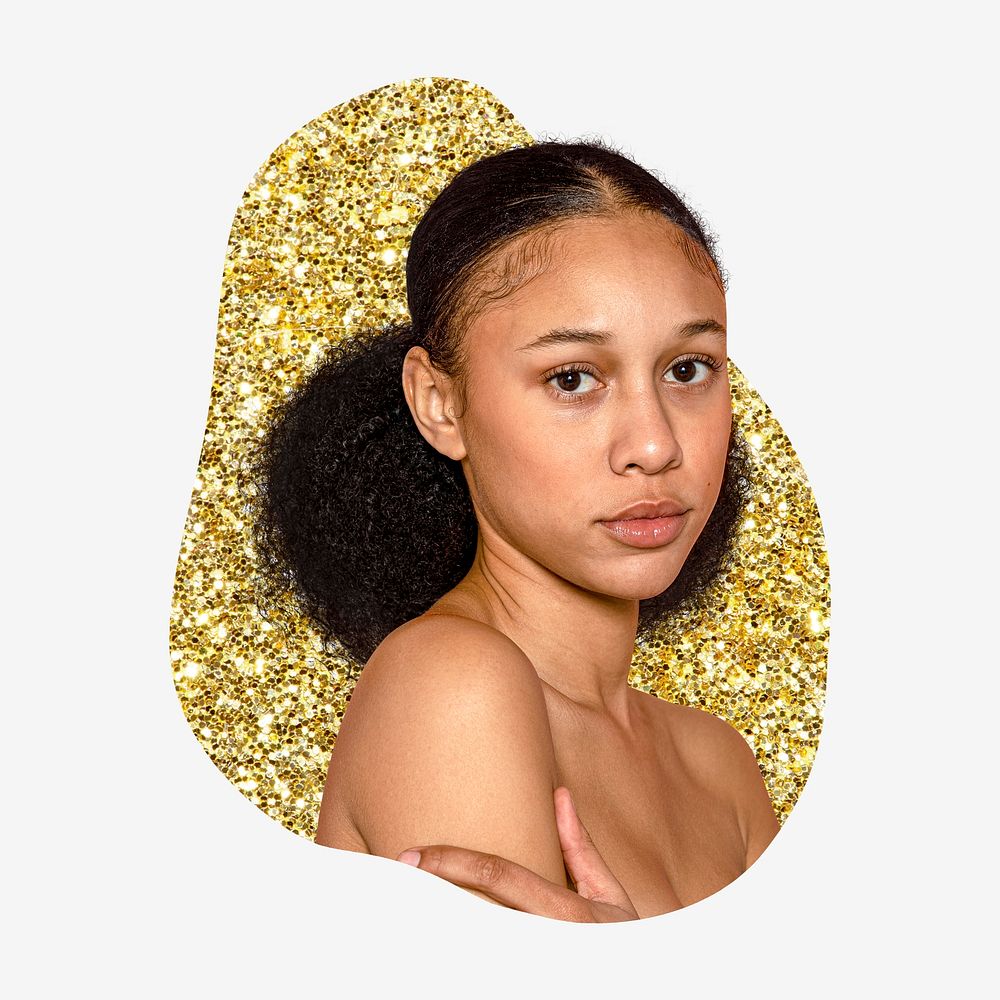 Young woman, gold glitter blob shape badge