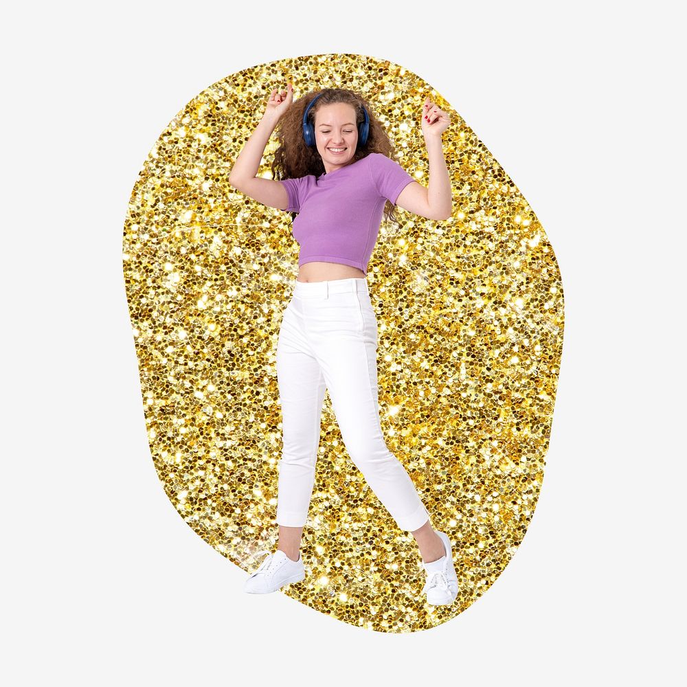 Woman dancing, gold glitter blob shape badge
