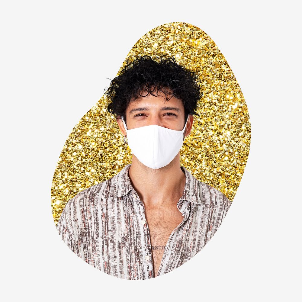 Man wearing mask, covid 19, gold glitter blob shape badge