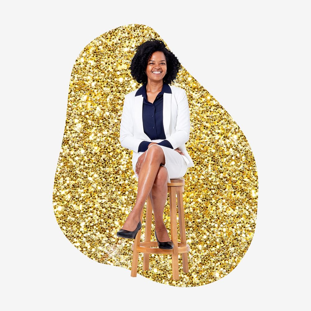 Confident businesswoman, gold glitter blob shape badge