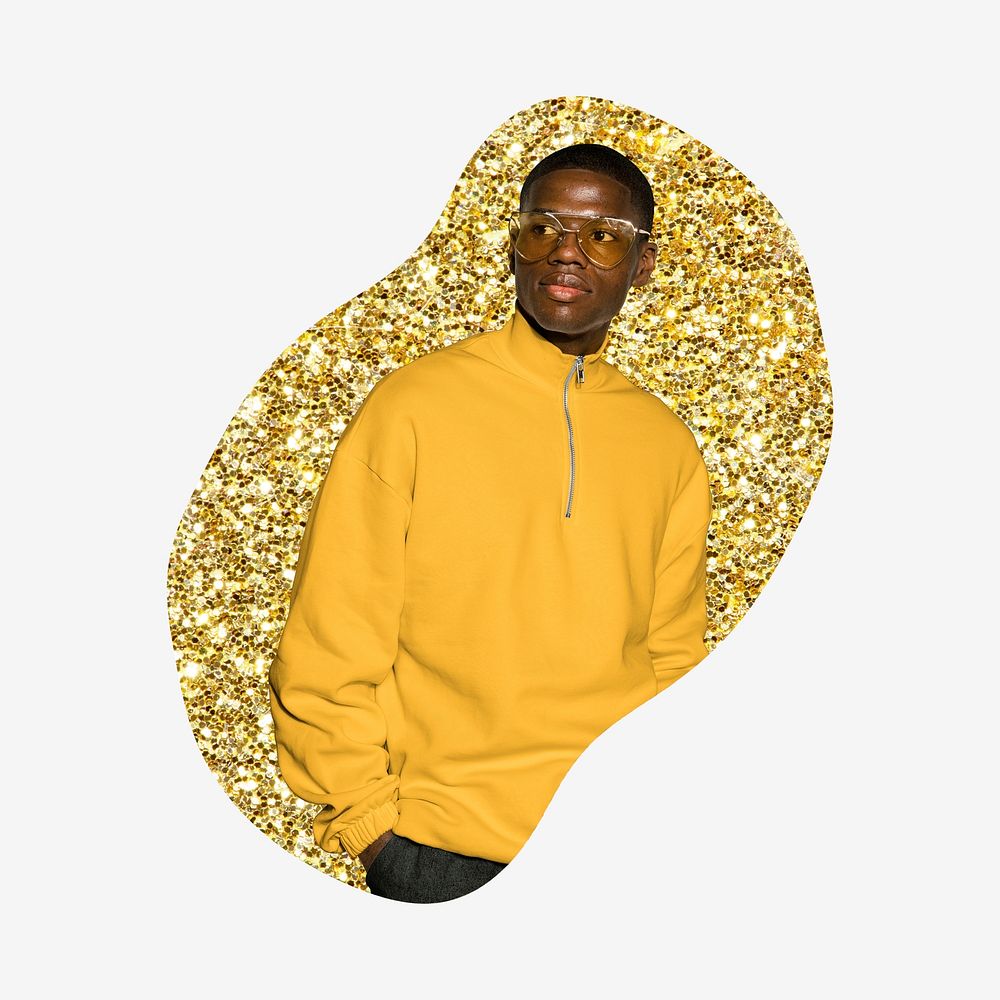 African man, fashion, gold glitter blob shape badge