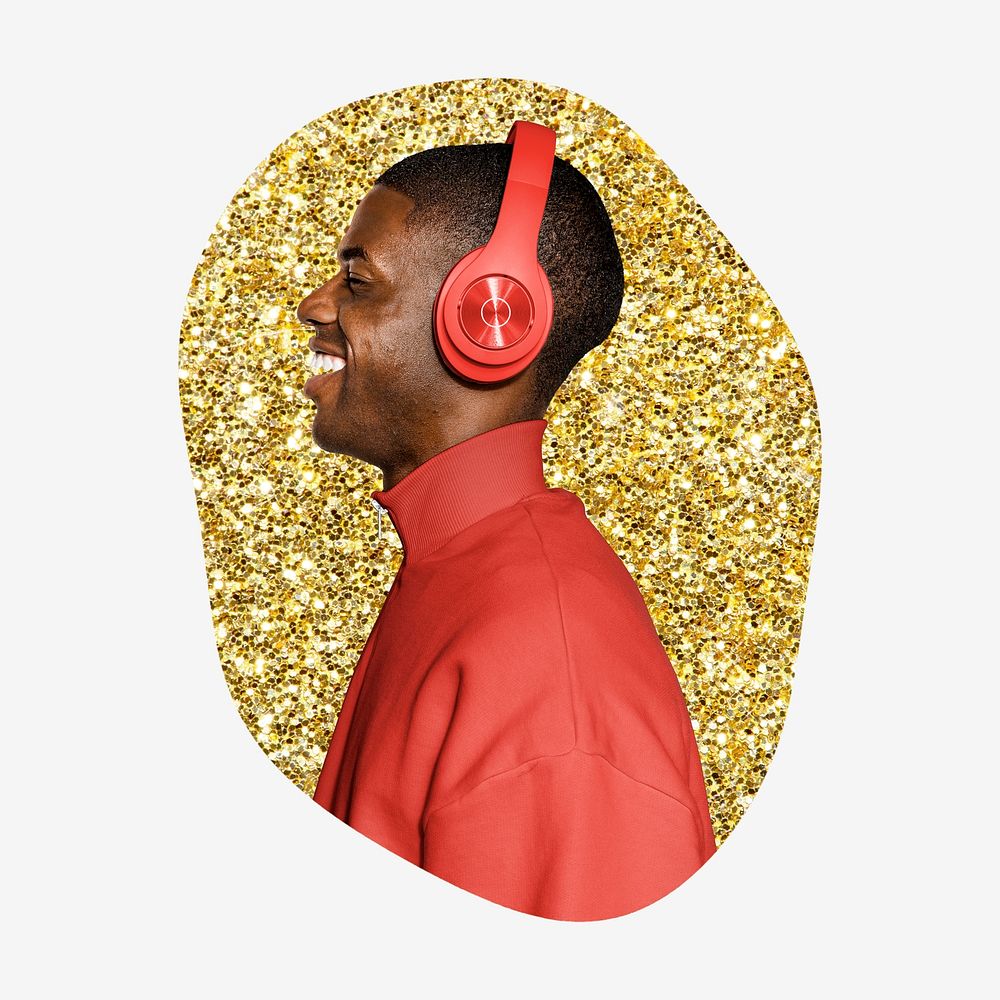 Man with headphones, gold glitter blob shape badge