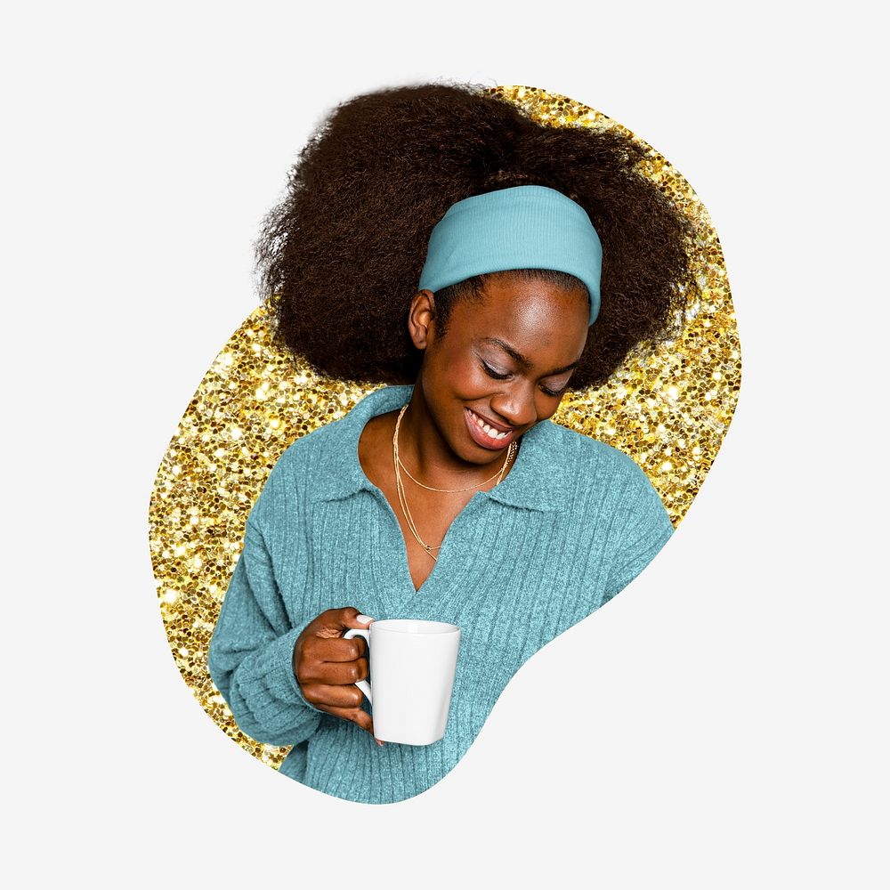 Woman drinking coffee, gold glitter blob shape badge