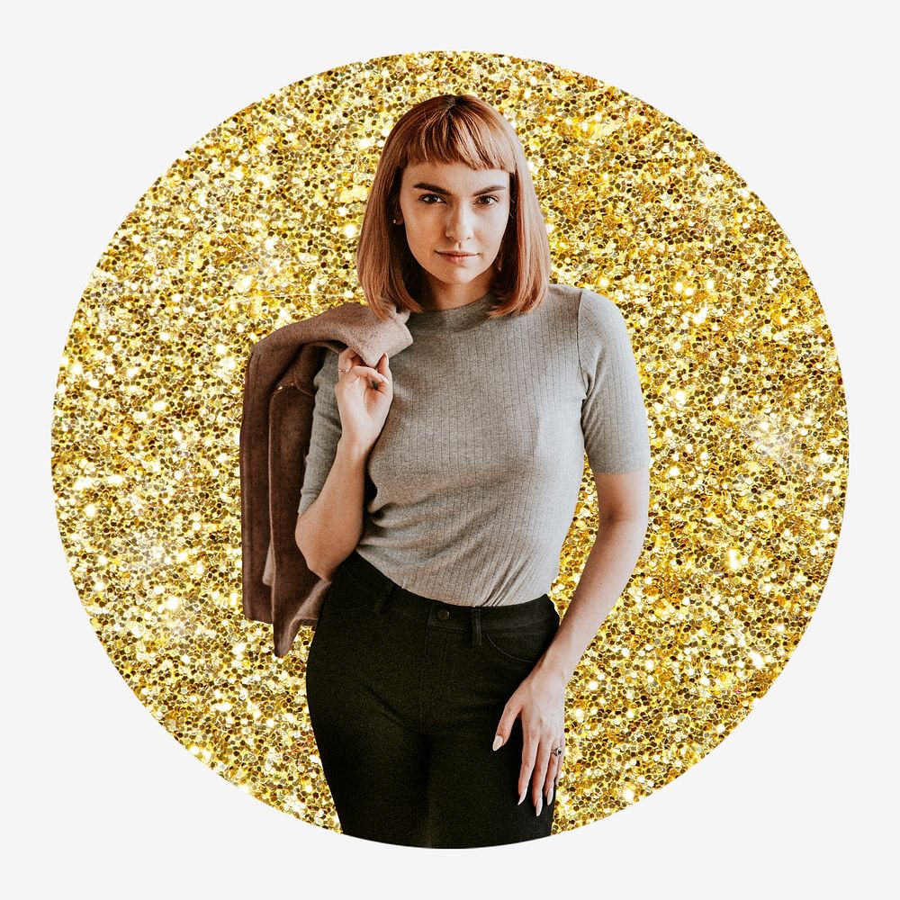 Businesswoman, gold glitter round shape badge