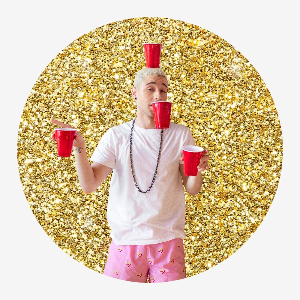 Man holding red cups, gold glitter round shape badge