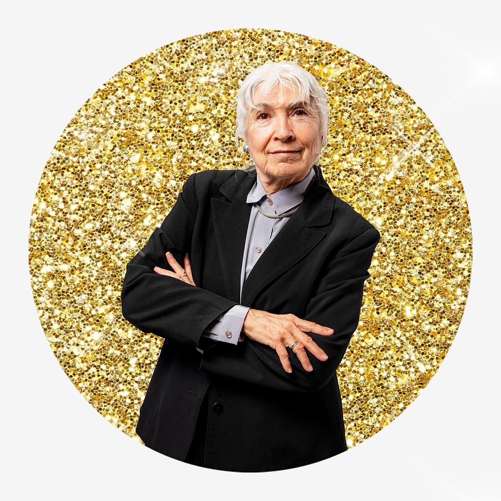 Senior businesswoman, gold glitter round shape badge