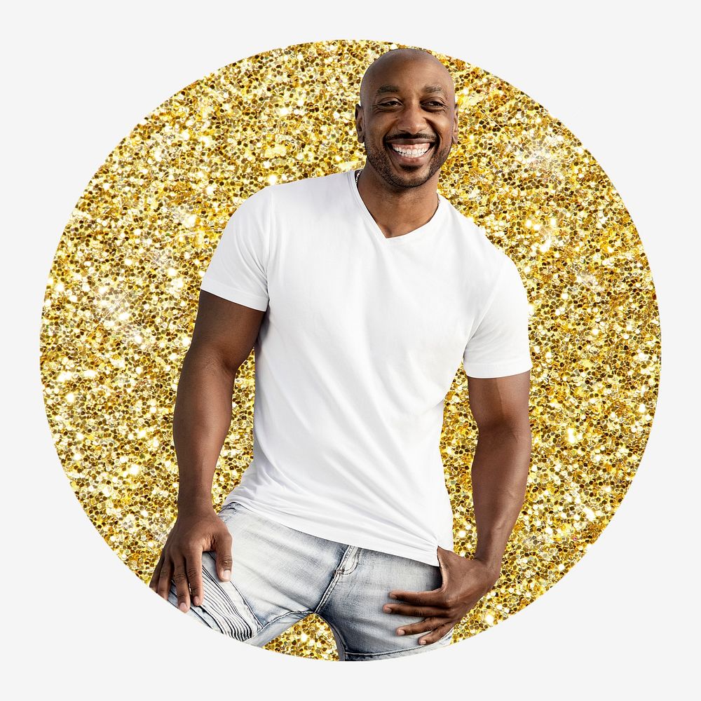 African man, gold glitter round shape badge