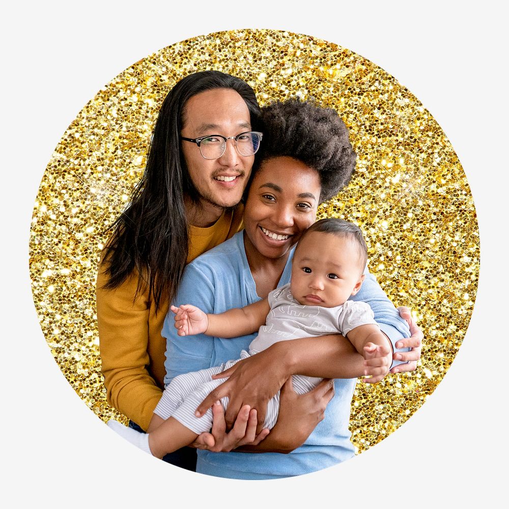Cute diverse family, gold glitter round shape badge