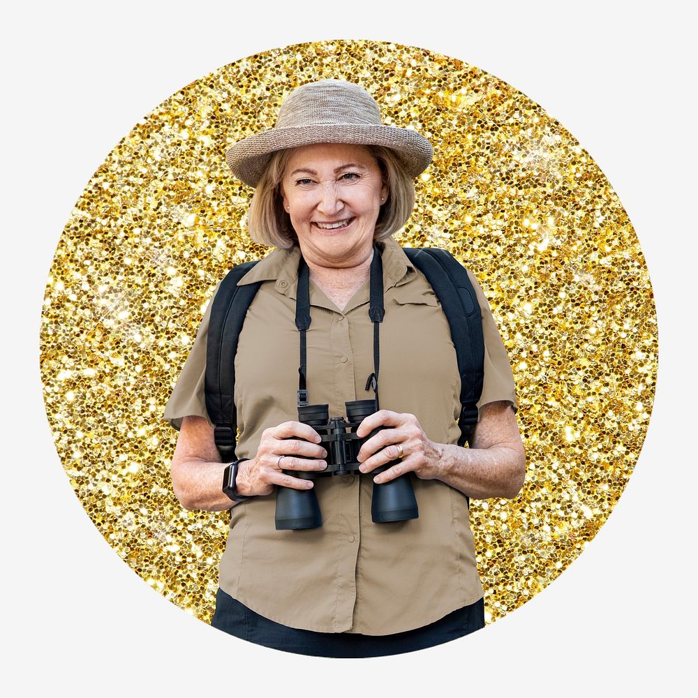 Woman adventurer, gold glitter round shape badge