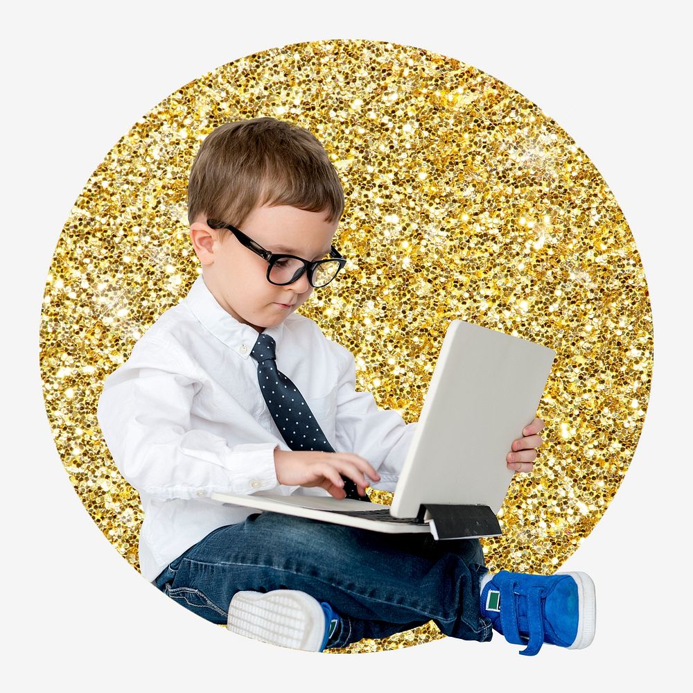 Kid using laptop, gold glitter round shape badge