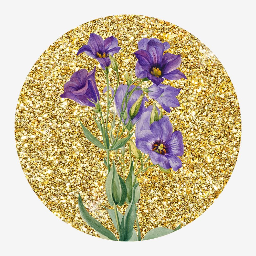 Texas bluebell flower, gold glitter round shape badge