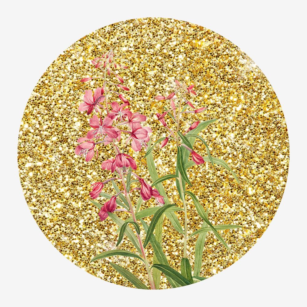 Fireweed flower, gold glitter round shape badge