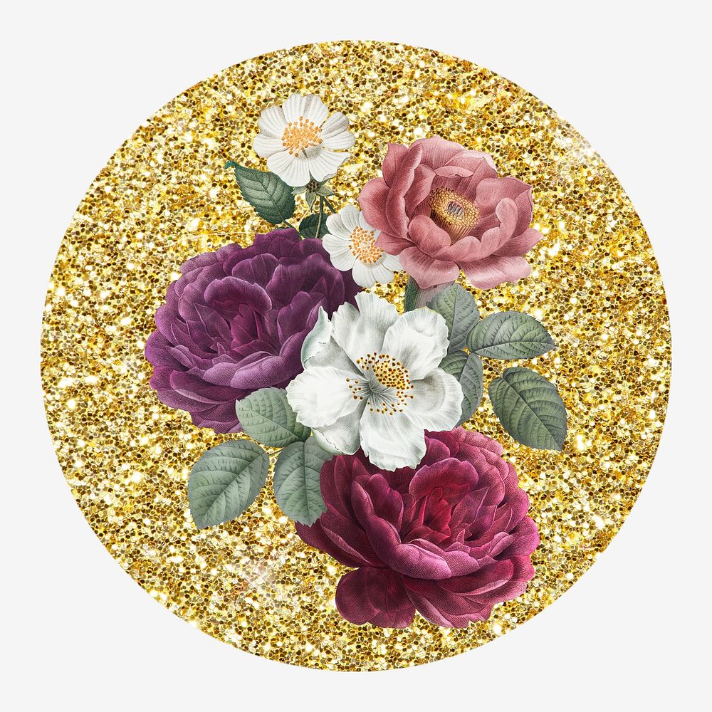 Roses, gold glitter round shape badge