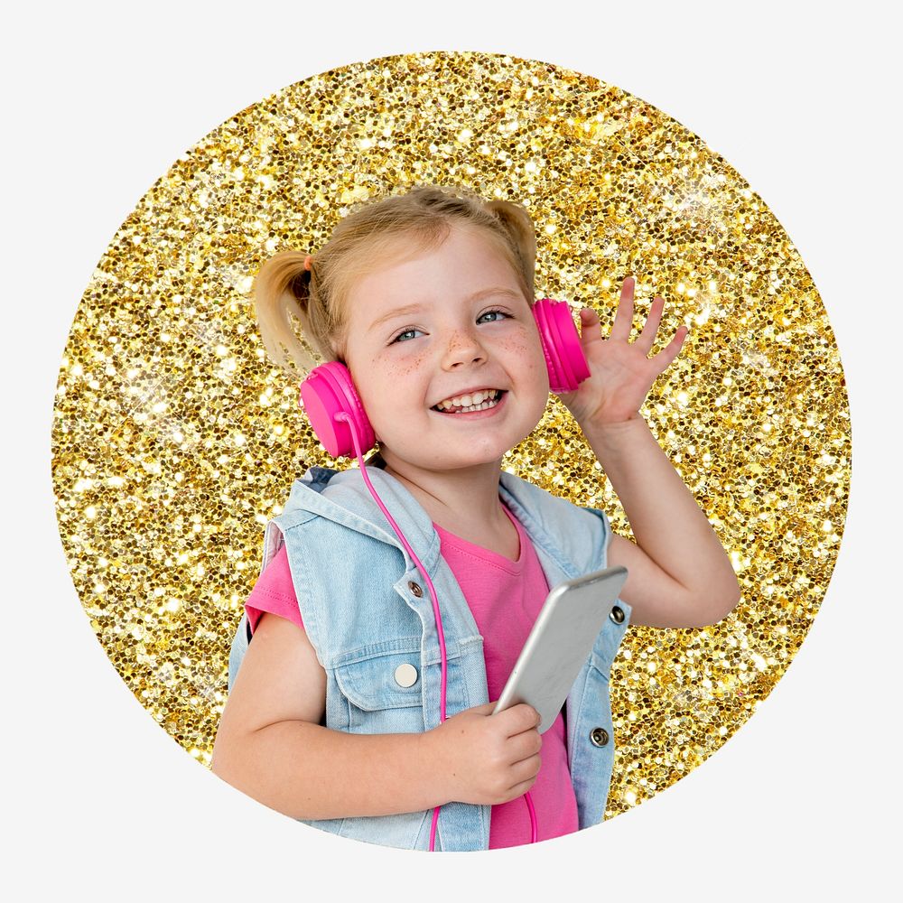 Girl enjoying music, gold glitter round shape badge