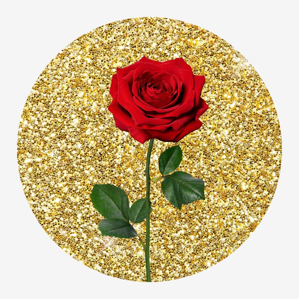 Red rose, gold glitter round shape badge