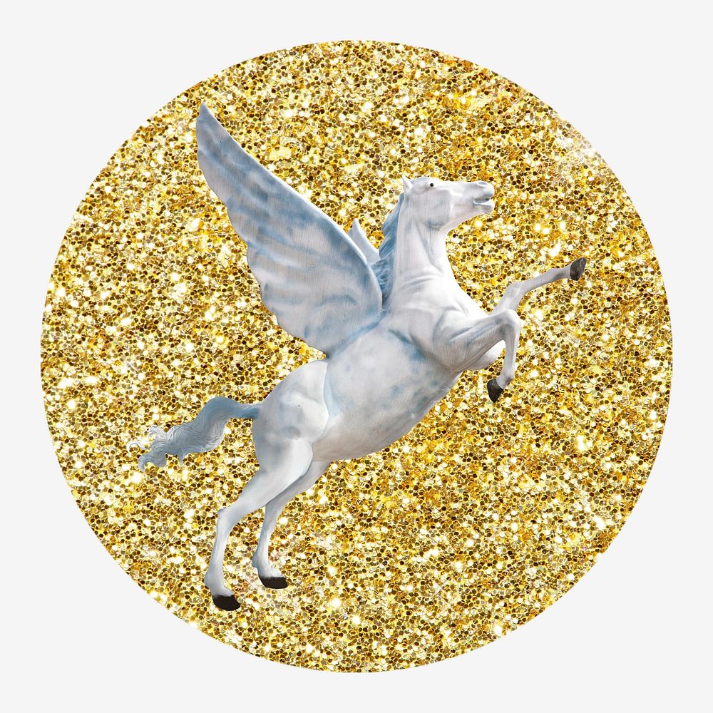 Pegasus, gold glitter round shape badge