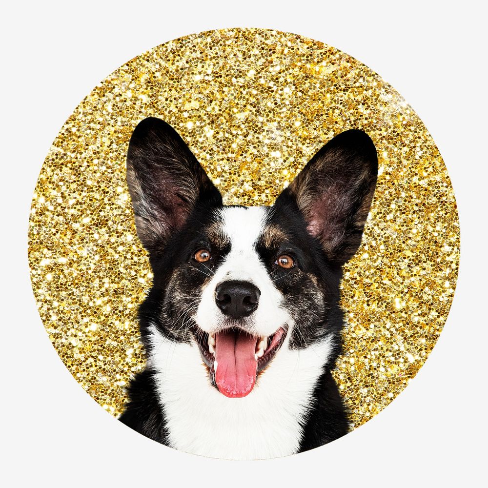 Welsh Corgi dog, gold glitter round shape badge
