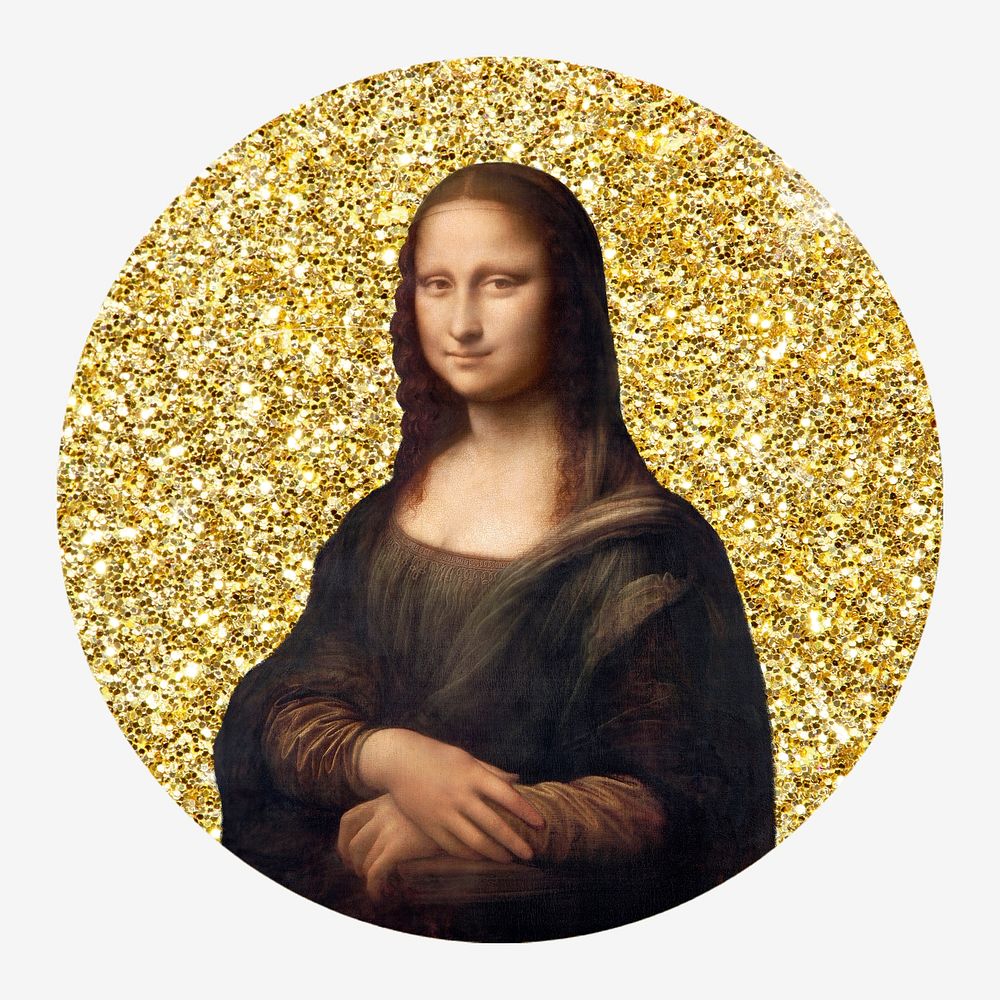 Mona Lisa, Vinci's famous painting, gold glitter round shape badge remixed by rawpixel