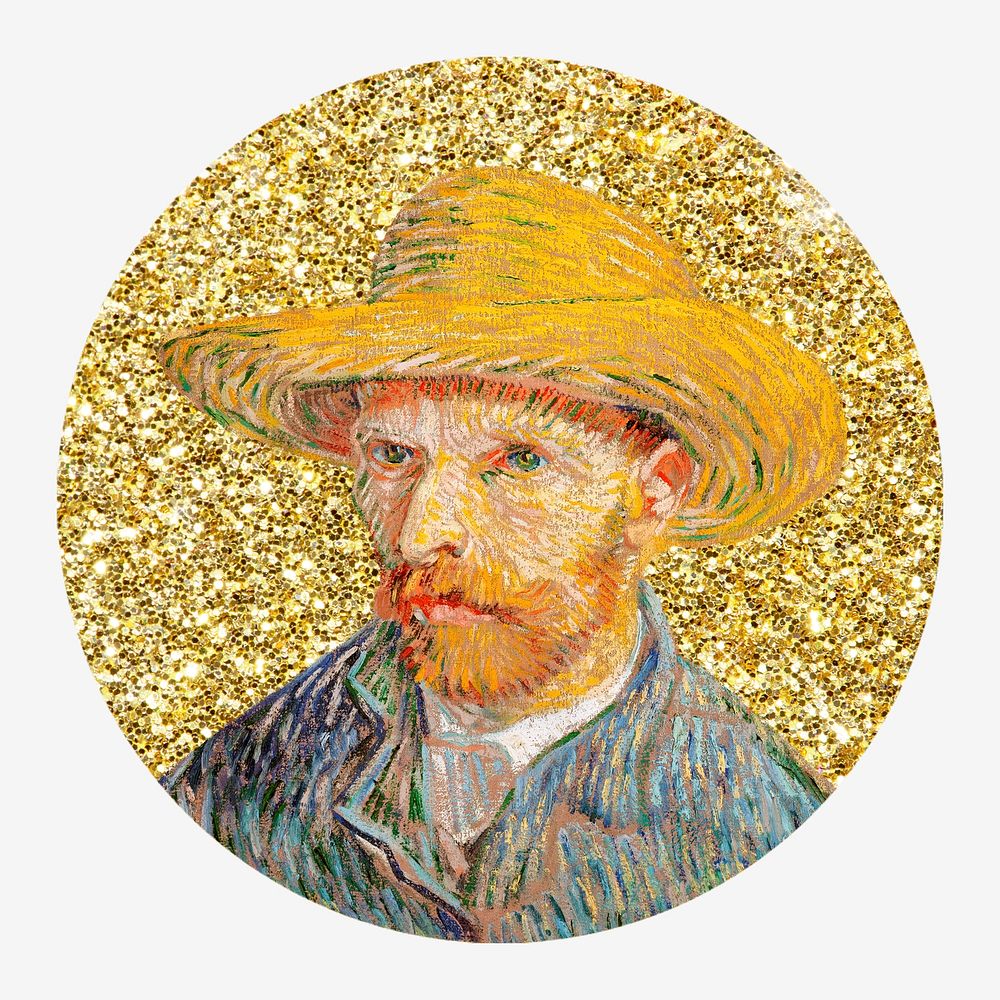 Van Gogh's Self-Portrait, gold glitter round shape badge remixed by rawpixel