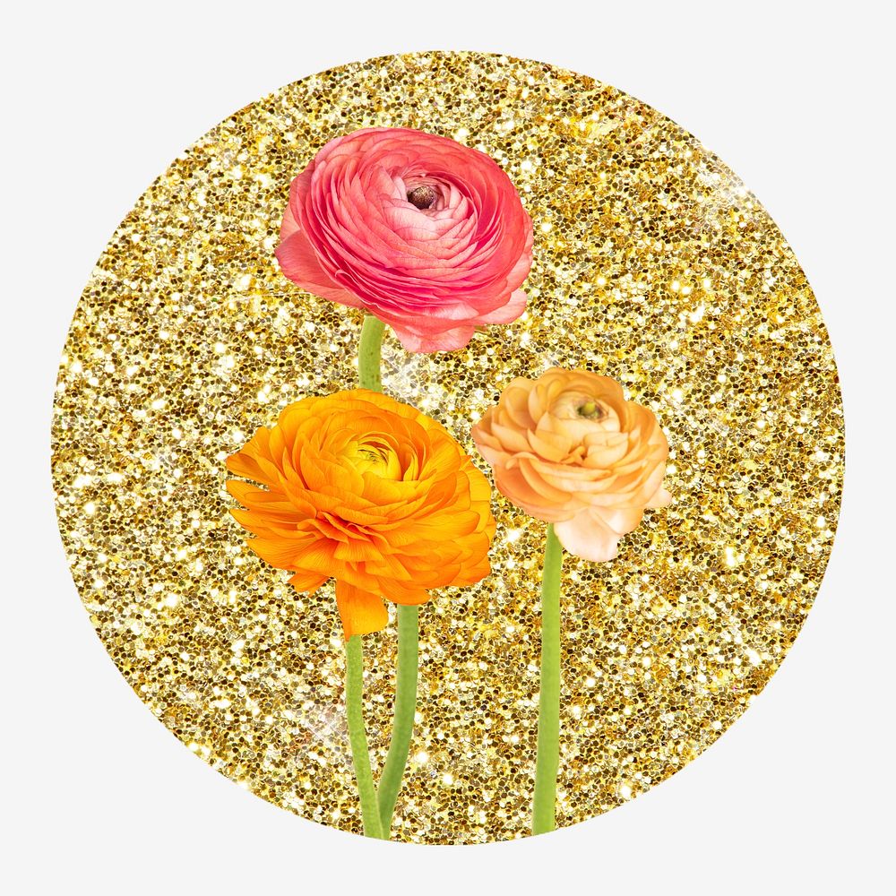 Ranunculus flower, gold glitter round shape badge