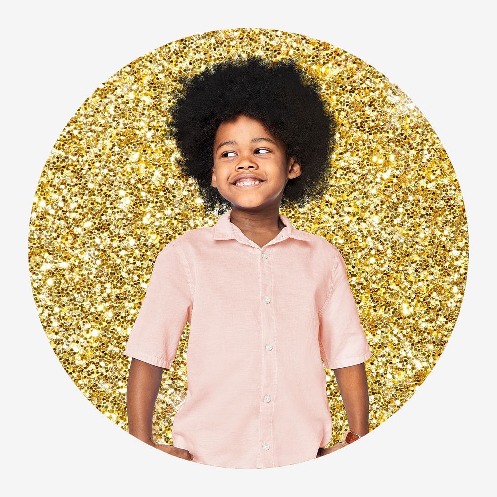 African kid, gold glitter circle shape badge