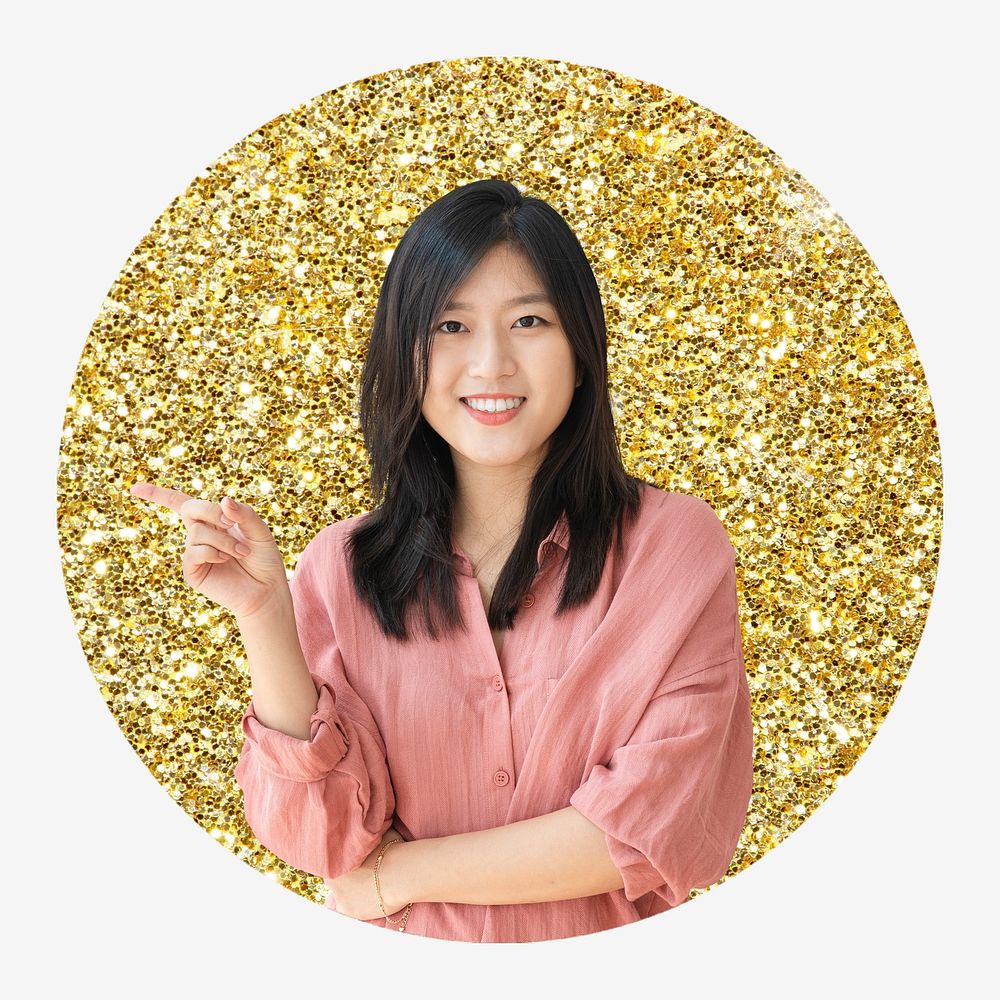Asian woman, gold glitter round shape badge
