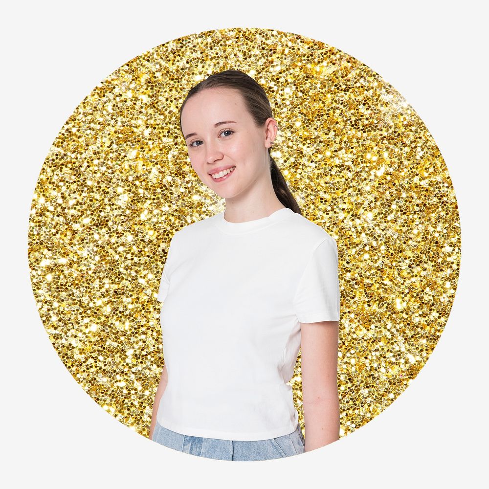 Teenage girl, gold glitter round shape badge