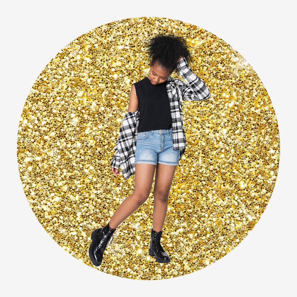 African teenager, gold glitter round shape badge